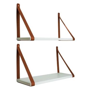 Imagem de Kit 2 Prateleira Mdf Branca 45x15 Alça Marrom Couro Ecológico Resistente(MARROM)