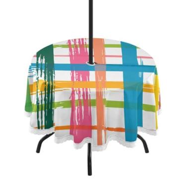 Imagem de Qilmy Toalha de mesa redonda à prova d'água com estampa xadrez colorida de 152 cm com orifício para guarda-chuva e zíper – uso externo / interno resistente para pátio, churrascos, piqueniques, festas