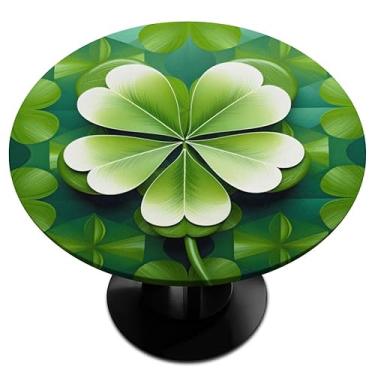 Imagem de Toalha de mesa redonda com folhas de trevos, dia de São Patrício, com borda elástica, resistente a manchas, lavável de 101,6 a 111,8 cm, capa de mesa redonda para uso ao ar livre, casa, férias, jantar
