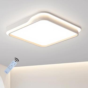 Imagem de Luminária de teto quadrada LED moderna com controle remoto, design geométrico, branca e dimerizável, ideal para sala de estar, quarto, sala de jantar, cozinha e iluminação residencial. Lustr