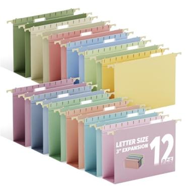 Imagem de Ansook Pastas de arquivo suspensas tamanho carta, capacidade extra, pastas de plástico de expansão de 7,6 cm para armário de arquivo, cores sortidas, pacote com 12 pastas de arquivo penduradas com