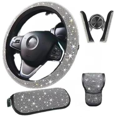 Imagem de Conjunto de acessórios legais para mulheres, capa de volante universal de 38 cm, capa de console central de strass, capa de câmbio de marcha brilhante, suporte de telefone de carro dourado, conjunto