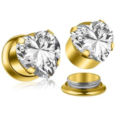 Imagem de Uqnwbdq 10G-00G Medidor de coração CZ para orelha, aço cirúrgico 316L, acabamento espelhado, alargador, alargador, alargador, alargador, brincos internamente roscados de diamante para mulheres e