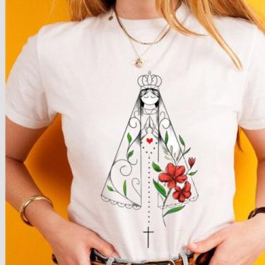 Imagem de Blusa tshirt feminina nossa senhora Aparecida flores vermelhas, Sagrad