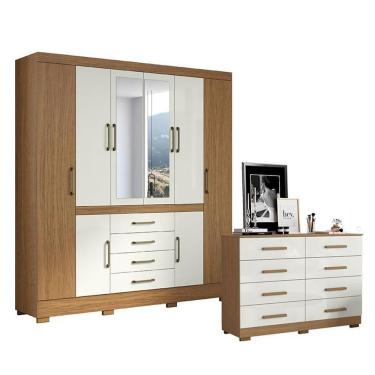 Imagem de Cômoda e Guarda Roupa Casal Nápole 2045149 8 Portas de Bater 4 Gavetas MDP com Espelho...