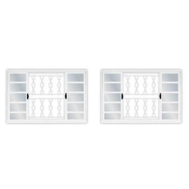 Imagem de Kit Com 2 Janelas De Aço De Correr 100x100cm 4 Folhas Com Grade Branco