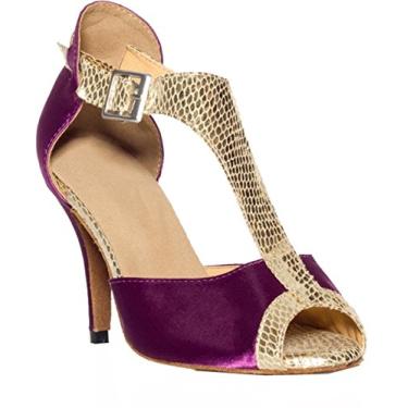 Imagem de Salabobo L029 Feminino Sexy Latin Tango Cha-cha Ballroom Festa de Casamento Formatura T-bar Peep Toe Salto Personalizado Cetim Sapatos de Dança, Roxa, 9