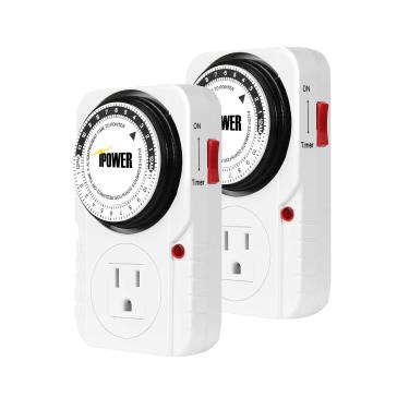 Imagem de iPower Temporizador mecânico plug-in 24 horas para uso interno interruptor de tomada elétrica programável preciso resistente 3 garras aterrado para aquário, luz de crescimento, pacote com 2, hidropônicos, eletrodomésticos, CA 1725W 1/2 HP