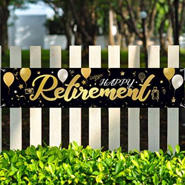 Imagem de Faixa de suspensão Happy Retirement Horizontal grande bandeira de aposentadoria tecido de aposentadoria fundo placa de jardim banner de aposentadoria ouro preto para festa de aposentadoria cabine de foto, 72,8 x 15,7 polegadas