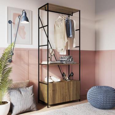 Imagem de Estante Closet 2 Portas 1 Prateleiras 1 Cabideiro SW018 Placa e Ponto preto/noce oro