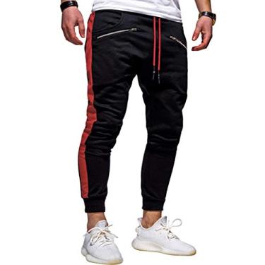 Imagem de Calças de treino masculinas Bestgift Calças de atletismo atlético elástico XL preto + vermelho