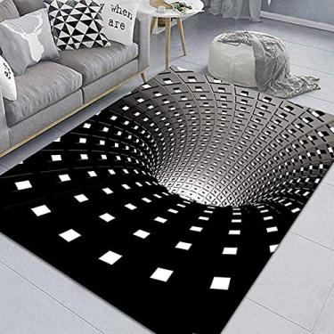 Imagem de QDCZDQ Tapete retangular de ilusão ótica 3D, tapete geométrico quadriculado preto branco vórtice ilusão óptica 3D tapete antiderrapante para capacho para quarto, sala de estar, sala de jantar