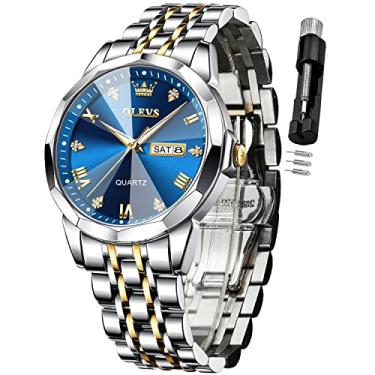 Imagem de Relógio de pulso masculino OLEVS com diamantes, quartzo analógico, aço inoxidável, à prova d'água, luminoso, data, dois tons, casual, Clássico