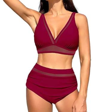 Imagem de Conjunto de roupa de banho feminino cropped com triângulo, conjunto de 2 peças com nó de amarrar e shorts femininos 2024 na moda, P-510 Vermelho, XXG