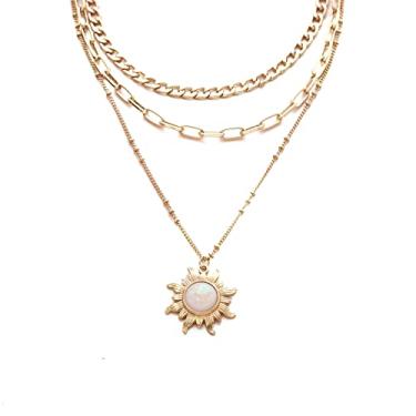 Imagem de Colar com pingente de opala de girassol e lua e sol, corrente dupla, presente para mulheres, Metal, Opala