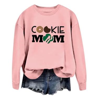 Imagem de Duobla Moletom feminino Mama gola redonda gráfico Cookie Mom moderno casual pulôver manga longa camisetas divertidas suéteres confortáveis, A-1 - rosa, P