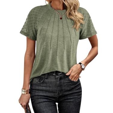 Imagem de KIRUNDO Blusas casuais elegantes de verão 2024 femininas de renda manga curta plissadas gola redonda camisetas túnicas, Verde militar, XG