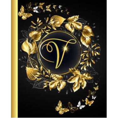 Imagem de Caderno de diário monograma letra V: lindas folhas douradas e brilhantes com lindas borboletas douradas para meninas e mulheres adolescentes | Perfeito para diário... Páginas, 19 x 23 cm, capa fosca