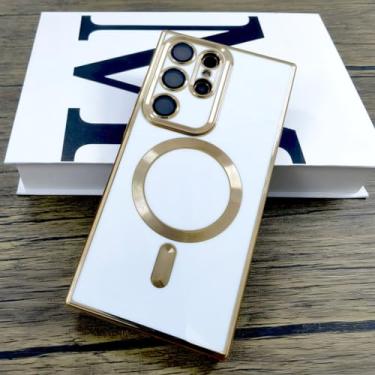 Imagem de Capa de silicone macio chapeado para samsung galaxy s24 s23 s22 s21 ultra plus s 24 carga sem fio com capa de lente da câmera, branco, para samsung s24