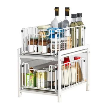 Imagem de Under Sink Organizer Metal sob o armário do banheiro do organizador da pia, cozinha dos organizadores do underink, sob o armazenamento e a organização do canto(Color:White)