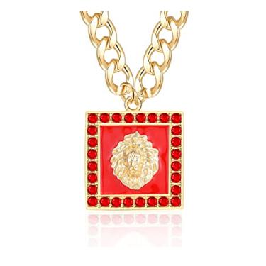 Imagem de Colar Hip Hop Basketball Wives com cabeça de leão feminino corrente grossa pingente punk fantasia bijuteria coquetel, Banhado a ouro, Sem Pedra Preciosa