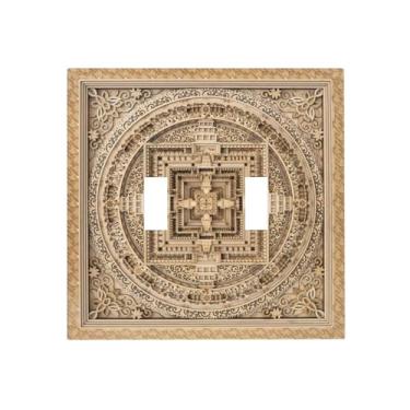 Imagem de Yamxbfa Capas de interruptor de luz de mandala de madeira rústica, kalachakras, 2 divisórias, placa de parede decorativa dupla, placa de interruptor elétrico para casa de fazenda, campo, sala de