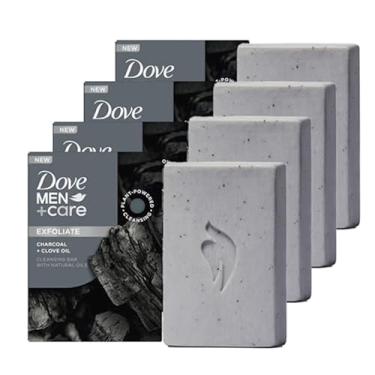 Imagem de DOVE MEN + CARE Sabonete em barra de óleo essencial natural carvão esfoliante + óleo de cravo 4 unidades para limpar e hidratar a pele masculina 4 em 1 sabonete em barra para corpo, cabelo, rosto e barbear masculinos 142 g