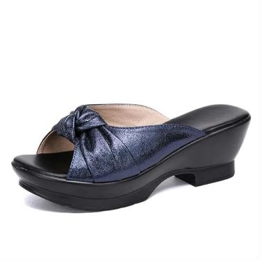 Imagem de Gloritmo Sandália plataforma feminina confortável salto grosso Mule Wedge Sandália, Azul marino, 8-8.5