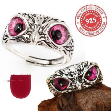 Imagem de Anel Prata 925 Coruja Sabedoria Olho Rosa Ajustável