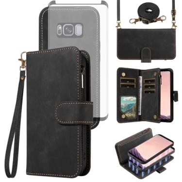 Imagem de Asuwish Capa de telefone para Samsung Galaxy S8 Plus carteira com zíper destacável capa magnética com protetor de tela de vidro temperado cordão transversal suporte para cartão S8plus S 8 8plus 8S