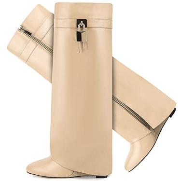 Imagem de CDHYX Botas femininas dobráveis com salto anabela, salto anabela, com zíper lateral, design de cadeado, Bege, 10.5