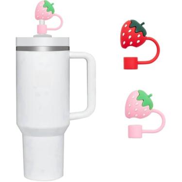 Imagem de 2 peças de tampas de palha de morangos rosa e vermelho para Stanley 396.9 g & 597.0 g & 850.5 g & 1,134.0 g, topo de palha fofo de silicone de grau alimentício de 8 mm, canudos reutilizáveis