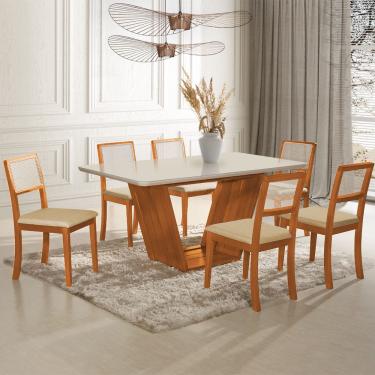 Imagem de Mesa Jantar Luxo Safira 160x90 Off White com 6 Cadeiras Palha em Linho Bege Telinha Madeira Maciça M
