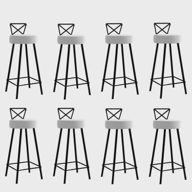 Imagem de Kit 08 Banqueta Alta Com Encosto Tânia Eiffel Cozinha Bar Bistrô Ferro Preto Sintético Branco - Ahz Móveis