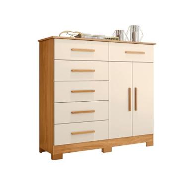 Imagem de Cômoda de Quarto Grande com 6 Gavetas e 2 Portas – Organizador Multiuso em MDP Branco – Design Moderno, Ideal para Roupas, Acessórios e Roupeiro (Carvalho Grife/Off White)