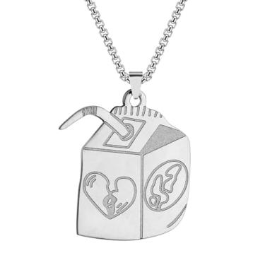 Imagem de BELUCKIN Colar com pingente de caixa de suco de aço inoxidável, colar hip hop, moda urbana, joias para homens e mulheres, 1.8*2.1cm, Zinco, Sem Pedra Preciosa