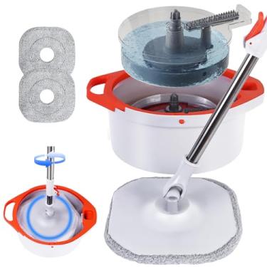 Imagem de WENGROU Conjunto De Esfregão Giratório E Balde Com Água Suja Limpa Separadas, Sistema 360° Cabo Dobrável Alargado, 2 Almofadas Substituíveis, Quadrado Para Limpeza Pisos, Madeira, Azulejos, Mármore