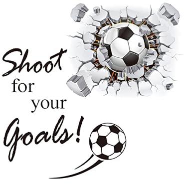 Imagem de Adesivos de futebol decoração de parede de futebol arte de parede 3D decalques de bola de futebol tiro para seus objetivos arte de parede adesivos de futebol para quarto crianças quarto menino sala de jogos sala de estar janela porta decoração de parede