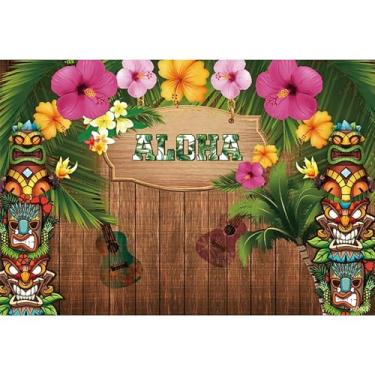 Imagem de Baocicco 3 x 2 m Aloha cenário de festa musical desenho animado tiki marrom placa de madeira tropical floral guitarra Havaí Luau fundo fotográfico festa tropical aniversário suprimentos para crianças