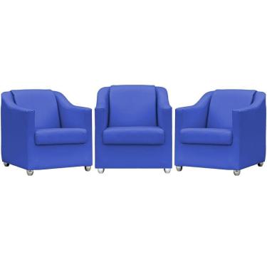 Imagem de Kit 3 Poltronas Mila Corino Cores Pé De Plástico Cromado - Azul-royal Corino