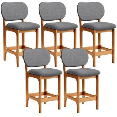 Imagem de Kit 05 Banquetas Baixa Bar Cozinha E Sala De Jantar Fixa Betta L02 Imbuia Linho Cinza Escuro