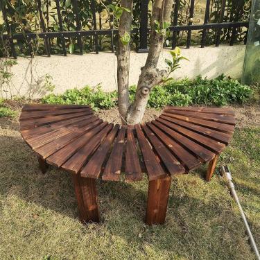 Imagem de Banco semi -circular para um assento de móveis decorativos de madeira maciça ao ar livre ao redor da árvore, cadeira de sofá para jardim/pátio/varanda/piscina/varanda