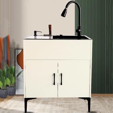 Imagem de Pia de lavanderia com armário, pia de utilidade de aço inoxidável independente com torneira de tração, estação de pia externa para lavartação de lavanderia do banheiro estação de lavagem de