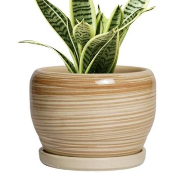 Imagem de SQOWL Vaso de cerâmica para plantas – Vaso interno de 15 cm com orifício de drenagem e bandeja, vaso de flores moderno redondo ao ar livre, vaso decorativo de suculentas, decoração de cozinha