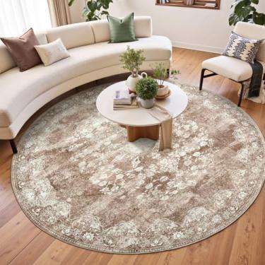 Imagem de jinchan Tapete redondo de 2,12 m - tapete marrom vintage cozinha interna - círculo lavável 2,8 m fino estampa floral tapete retrô fazenda antiderrapante sala de jantar sala de estar quarto escritório