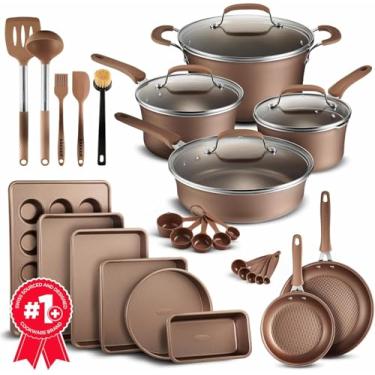 Imagem de Cookware Set - 23 Piece -Gold Multi-Sized Cooking Pots with Lids, Skillet Fry Pans and Bakeware - Reinforced Pressed Aluminum Metal - Suitable for Gas, Electric, Ceramic and Induction by BAKKEN Swiss