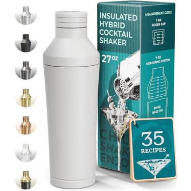 Imagem de Coqueteleira isolada | Aço inoxidável de parede dupla | Coqueteleira para bar doméstico | Sistema de medição de bebida e filtro integrado, bolsa de viagem, 35 receitas | Conjunto de presente (branco