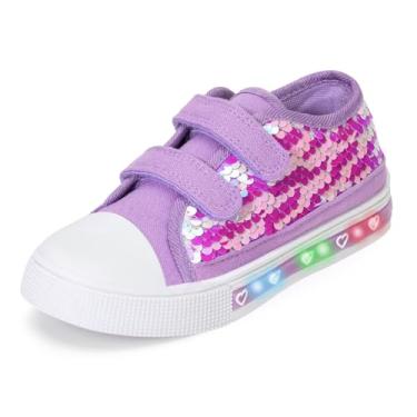 Imagem de FUNCOO PLUS Tênis de lona para meninos e meninas que acendem para crianças pequenas, sapatos modernos de fácil fixação com gancho e laços, Lantejoulas roxas, 21