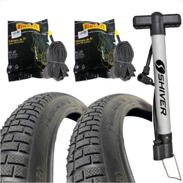 Imagem de Par Pneu Shiver Bicicleta bike Aro 20 x 2.125 Cravo Balao Camaras Pirelli bico Grosso Bomba de ar