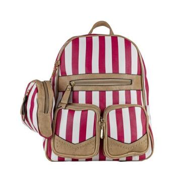 Imagem de Kit Mochila Feminina Faculdade Couro Listrada Vermelha + Porta Níquel 